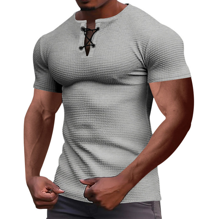 Men's short-sleeve shirt with lace collar, metal eyelets, and fine structured jersey StylebySassy
