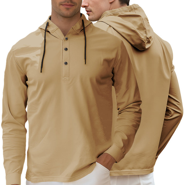 Men's Hooded Henley Long Sleeve Shirt made of lightweight stretch jersey with drawstring StylebySassy