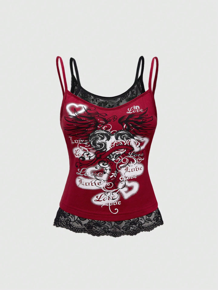 Women's Lace Cami Top with Graphic Print StylebySassy