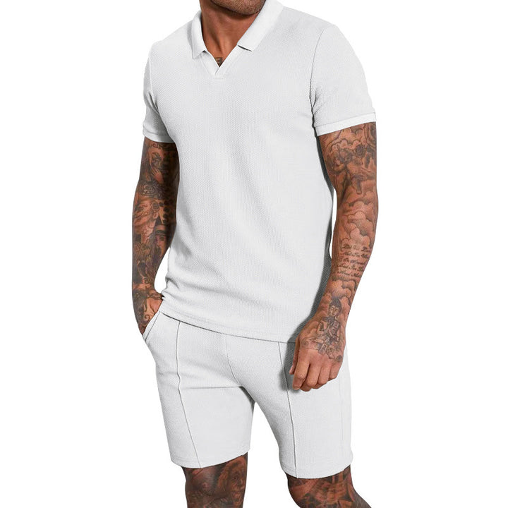 Men's short-sleeved half-collar knit set with fine waffle structure and straight-cut shorts StylebySassy