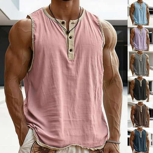 Men's sleeveless Henley muscle shirt with button placket and contrast trim StylebySassy