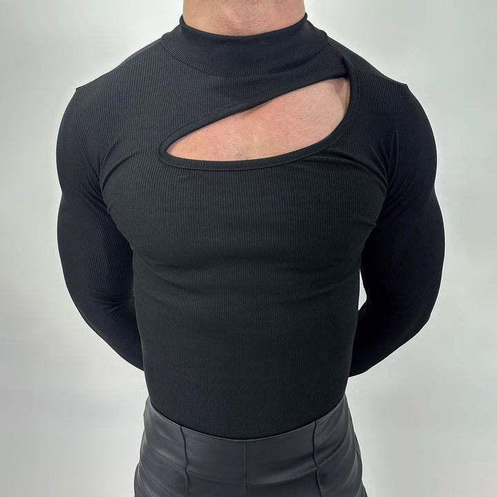 Women's fitted long sleeve top made of fine rib jersey with asymmetrical shoulder neckline and high collar StylebySassy