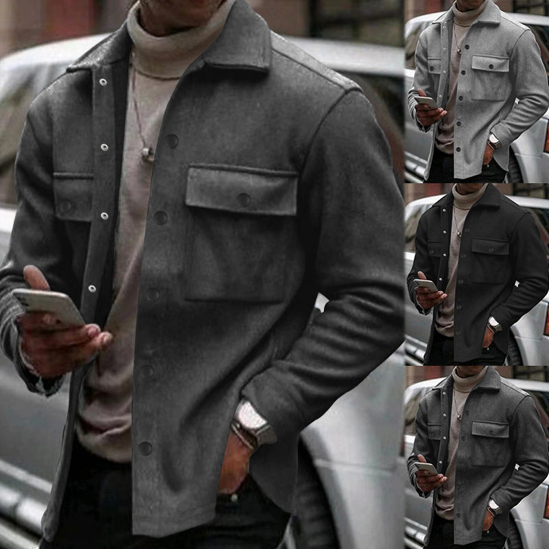 Men's fashionable overshirt jacket in felt look with patch breast pockets and visible snap button placket StylebySassy