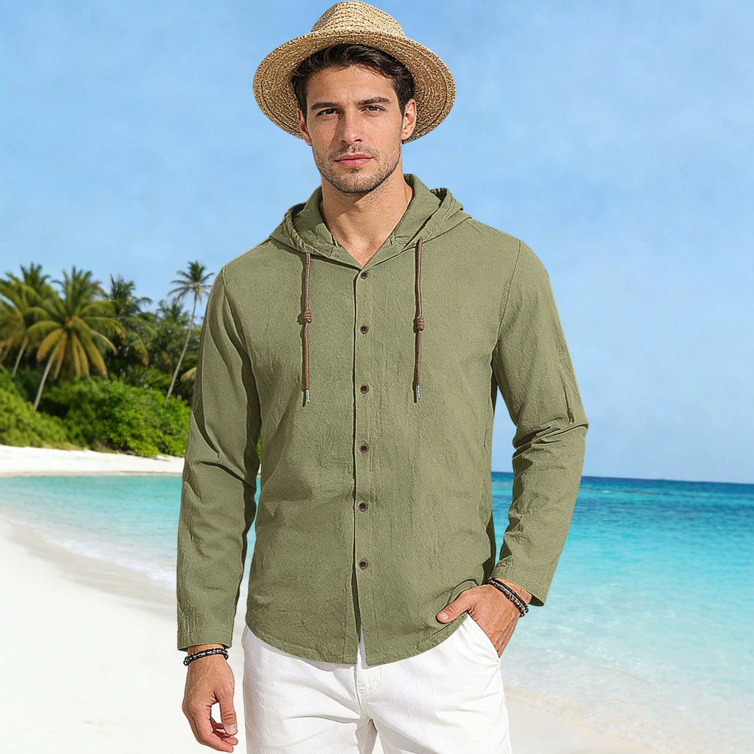 Men's textured linen blend hooded shirt with button placket, wood buttons, and side slits StylebySassy