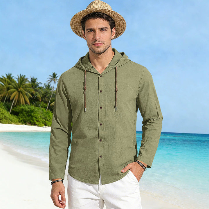 Men's textured linen blend hooded shirt with button placket, wood buttons, and side slits StylebySassy