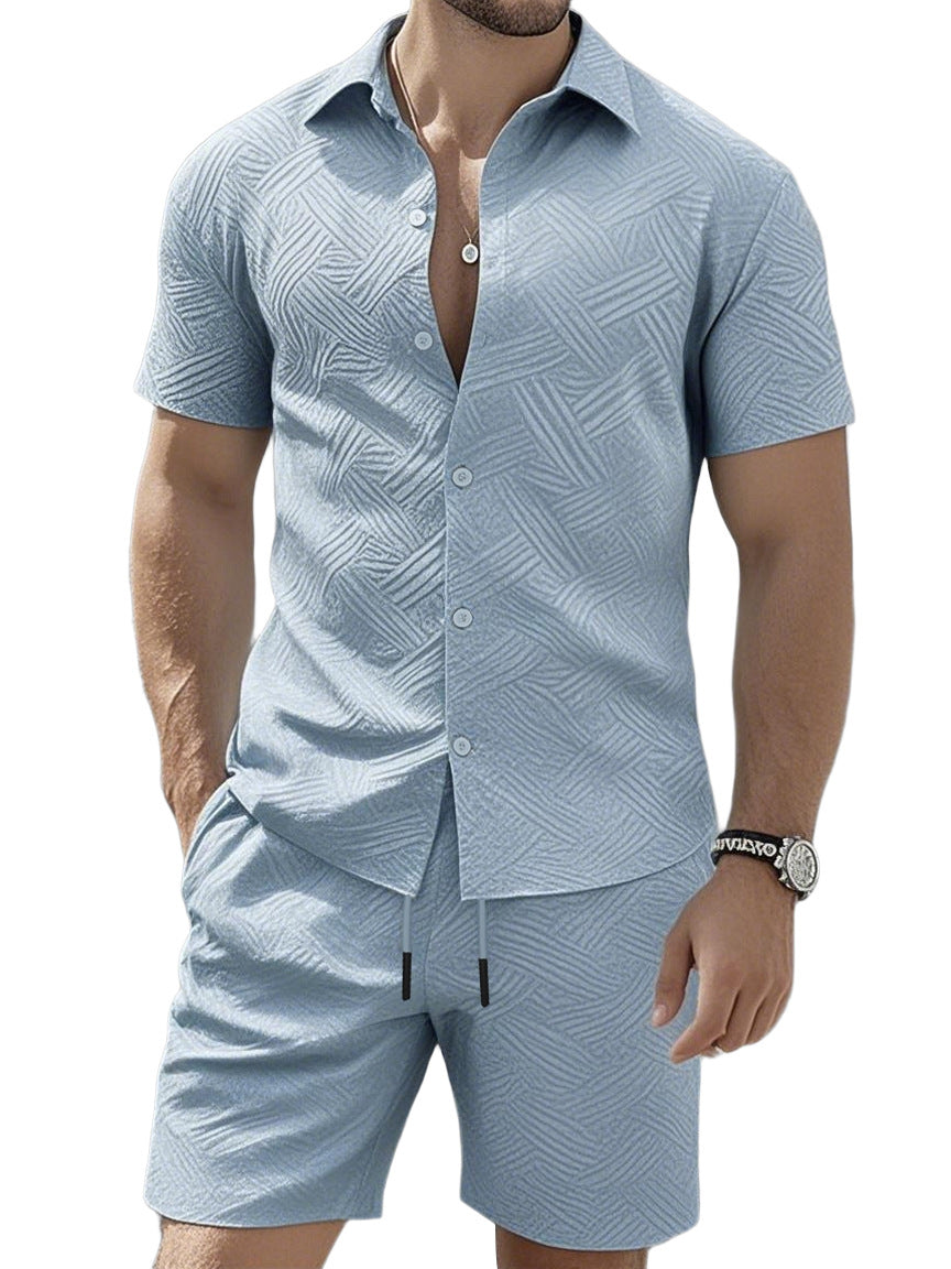 Men's nan geometric embossed short sleeve shirt and Bermuda two-piece set with shirt collar and drawstring StylebySassy