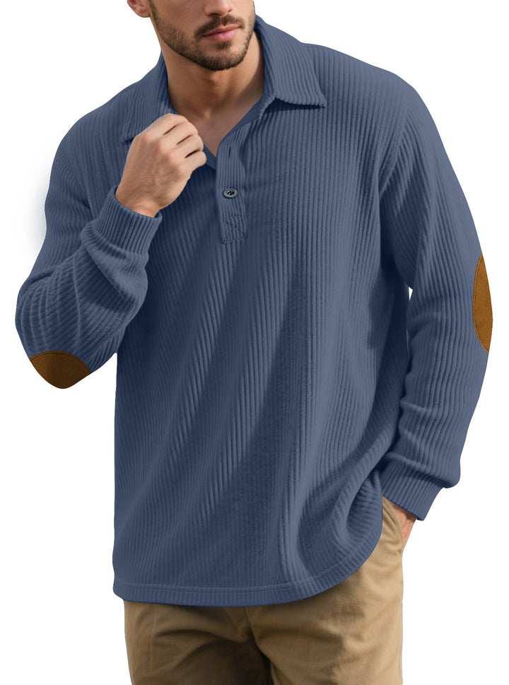 Men's ribbed casual polo with kent collar, short button placket and velour elbow patches StylebySassy