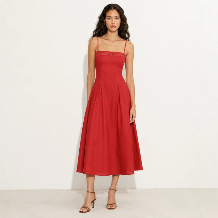 Women's Vintage-inspired Midi Dress with Slim Spaghetti Straps, Lace Insert and Flared Skirt StylebySassy