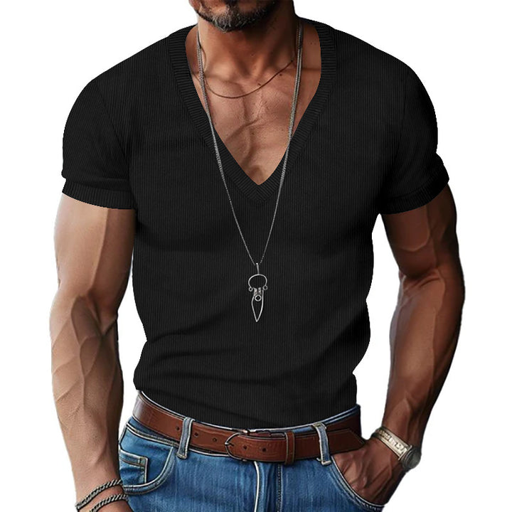 Men's structured V-neck ribbed jersey shirt with short sleeves and a slim fit StylebySassy