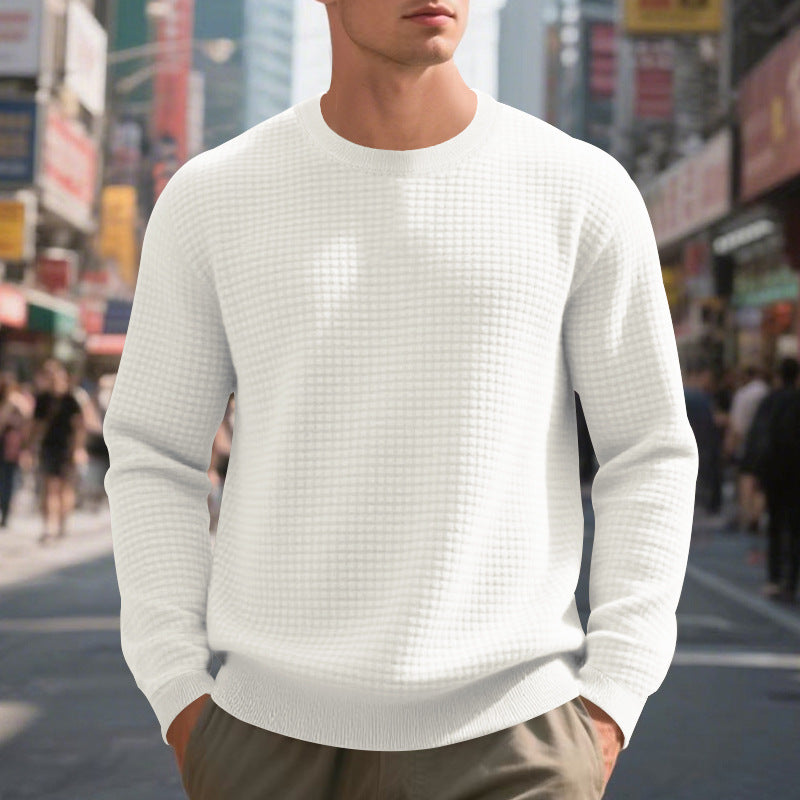 Men's structured knit sweater with waffle texture and round neck StylebySassy