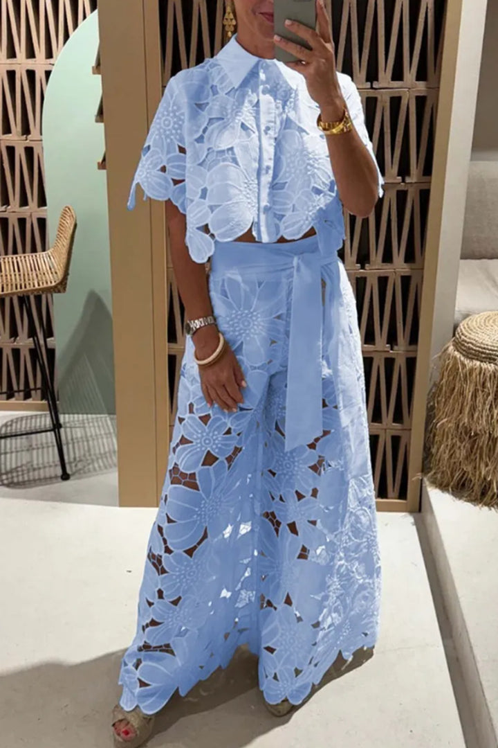 Women's two-piece lace embroidery set with short blouse and maxi skirt with tie belt StylebySassy