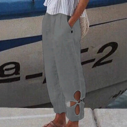 Women's light summer pants with elastic waistband, gathered ankle, and flower-shaped cutout StylebySassy