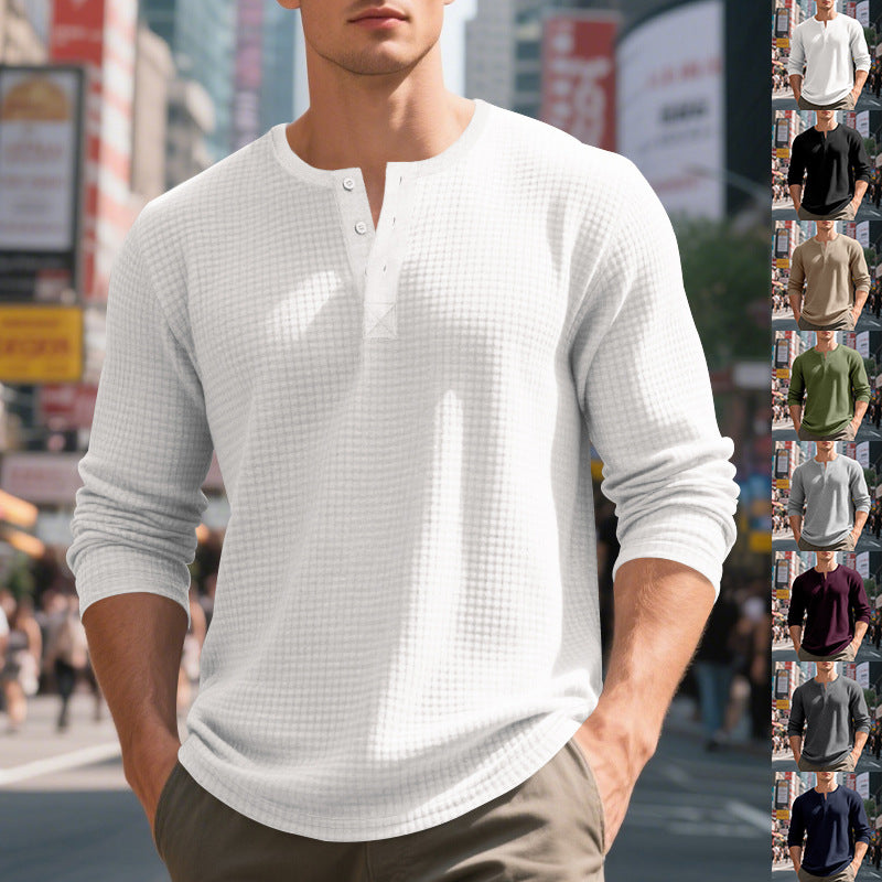 Men's nano thermoregulating waffle thermal shirt with short button placket and rounded hem StylebySassy