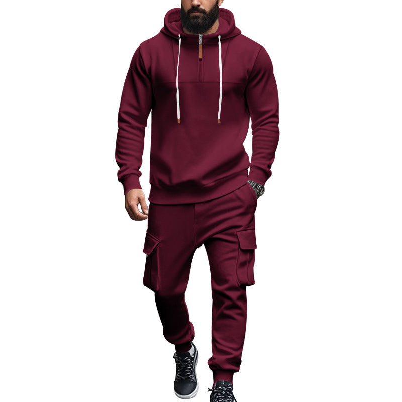 Men's cargo-style hooded sweatshirt and jogger set with short chest zipper and flap pockets StylebySassy
