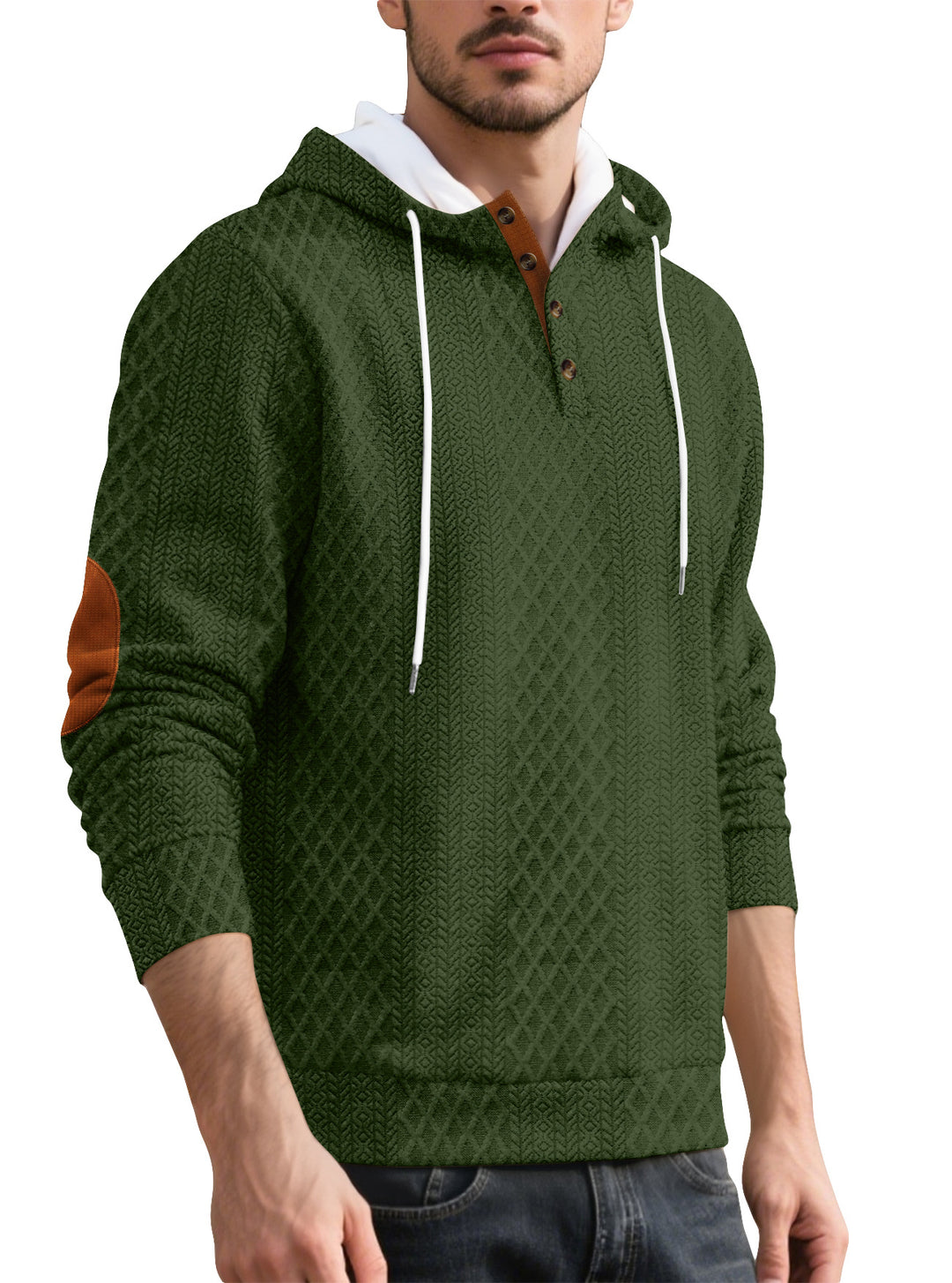 Men's nan diamond structure hoodie with short button placket, quilted hood inner edge, and suede elbow patch StylebySassy