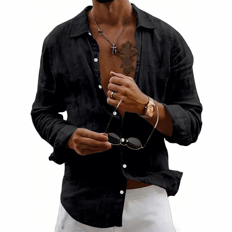 Men's airy relaxed linen shirt with open lapel, rounded hem, and roll-up sleeves StylebySassy