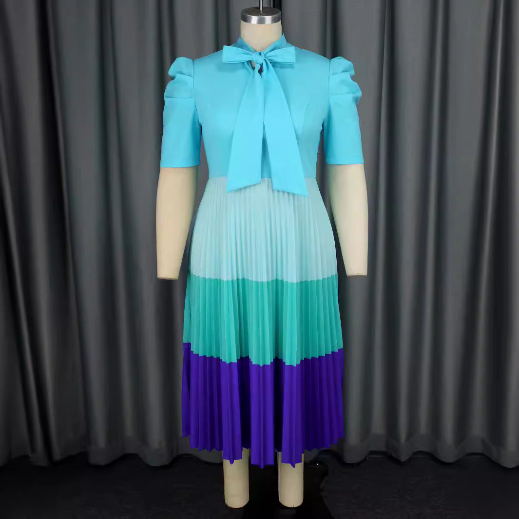 Women Elegant Pleated Dress with Bow Collar StylebySassy
