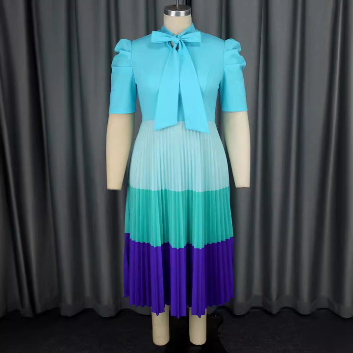 Women Elegant Pleated Dress with Bow Collar StylebySassy