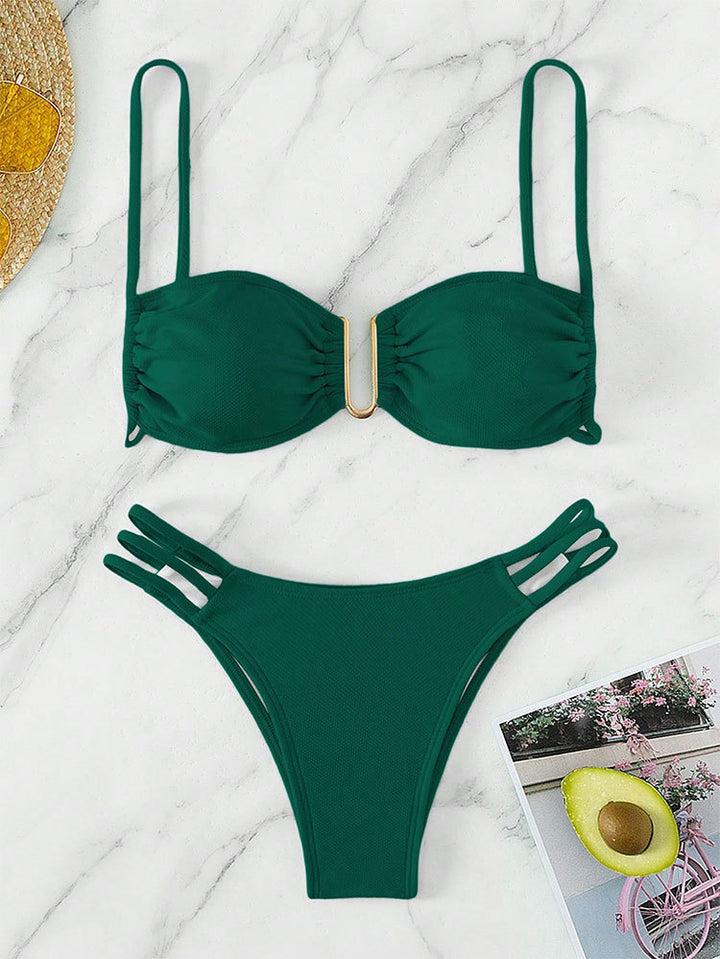 Women's bikini set with modern ruffle details and elegant golden accent StylebySassy