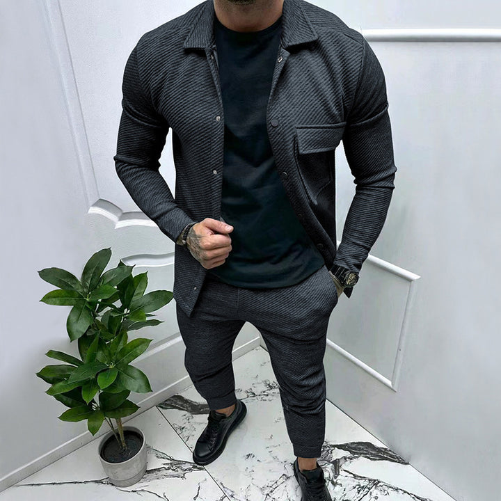 Men's finely structured shirt jacket and sweatpants set with a slim fit StylebySassy