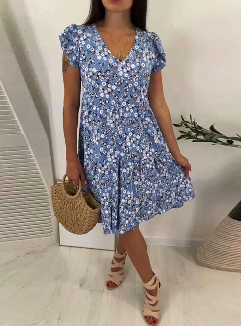 Ladies' V-neck tiered dress with puff sleeves and fitted underbust seam StylebySassy