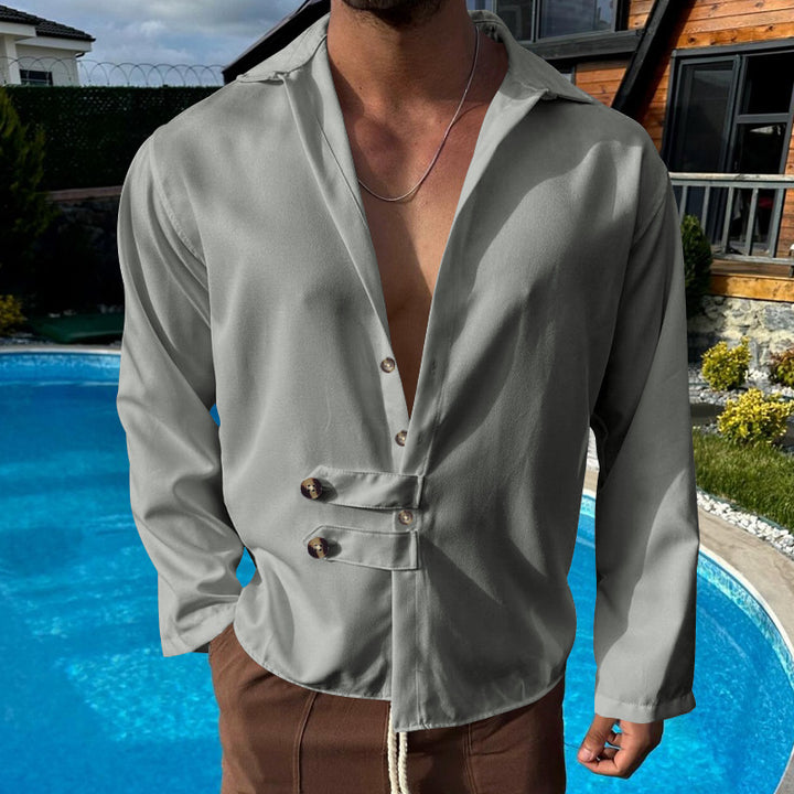 Men's modern long-sleeved shirt with deep neckline and asymmetrical strap look StylebySassy