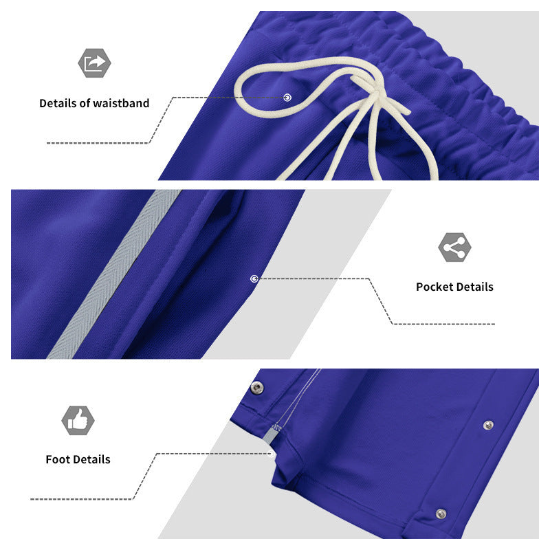 Men's wide training pants with side snap button placket, contrast stripes, elastic waistband, and straight leg StylebySassy