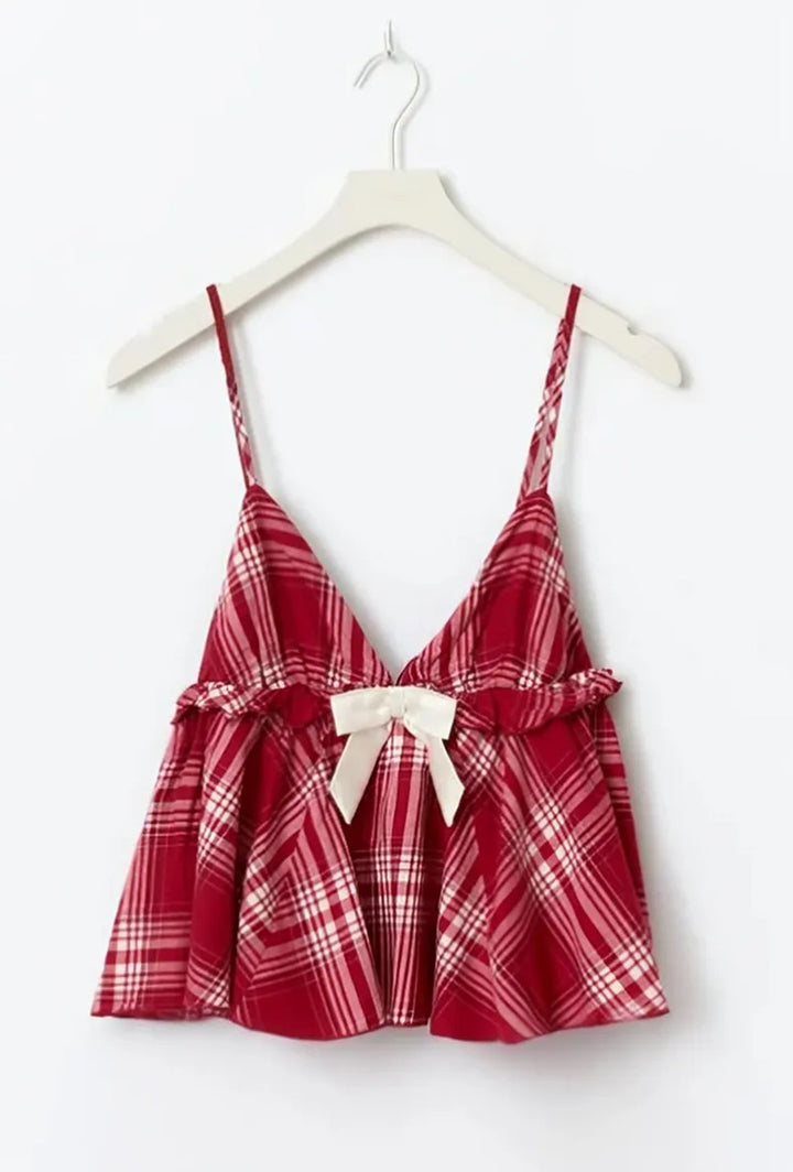 Women Checkered Spaghetti Strap Sleep Top with Gathered Underbust and Decorative Bow StylebySassy