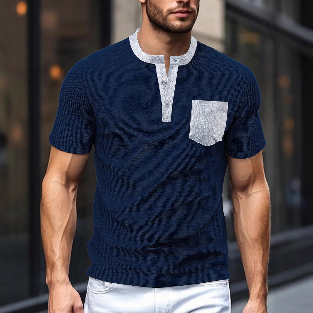 Men's breathable waffle henley shirt with stand-up collar, short button placket, and patch chest pocket StylebySassy