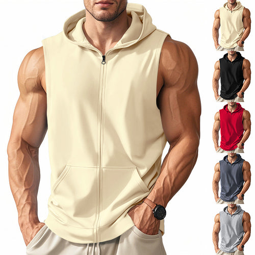 Men's sleeveless zip hooded vest with kangaroo pocket and athletic cut StylebySassy