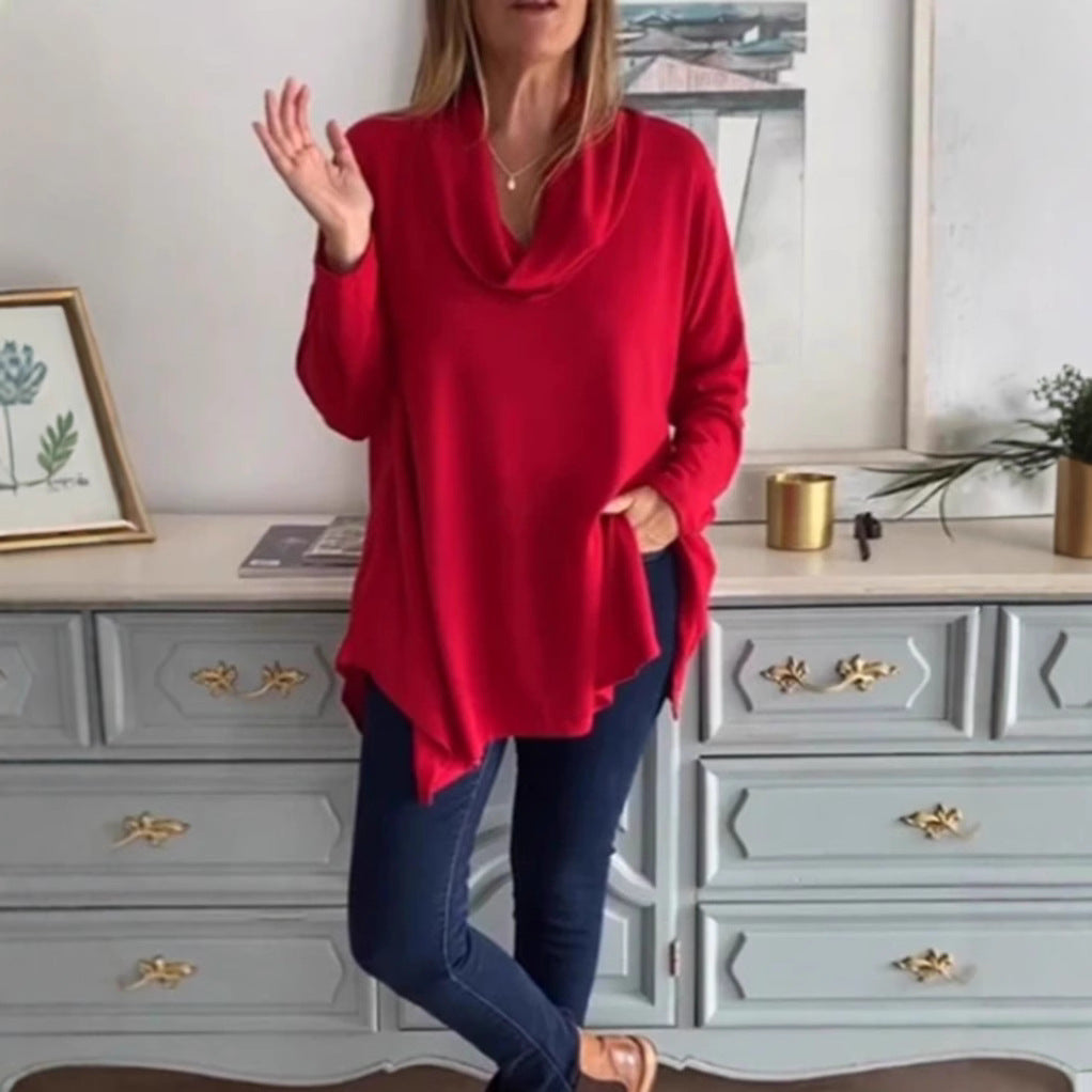 Women's fall shoulder drape tunic top with asymmetric zip hem and side pockets StylebySassy