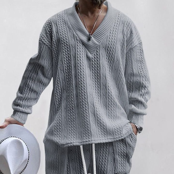 Men's Oversize Cable Knit Long Sweater with Deep V-Neck and Matching Knit Pants StylebySassy