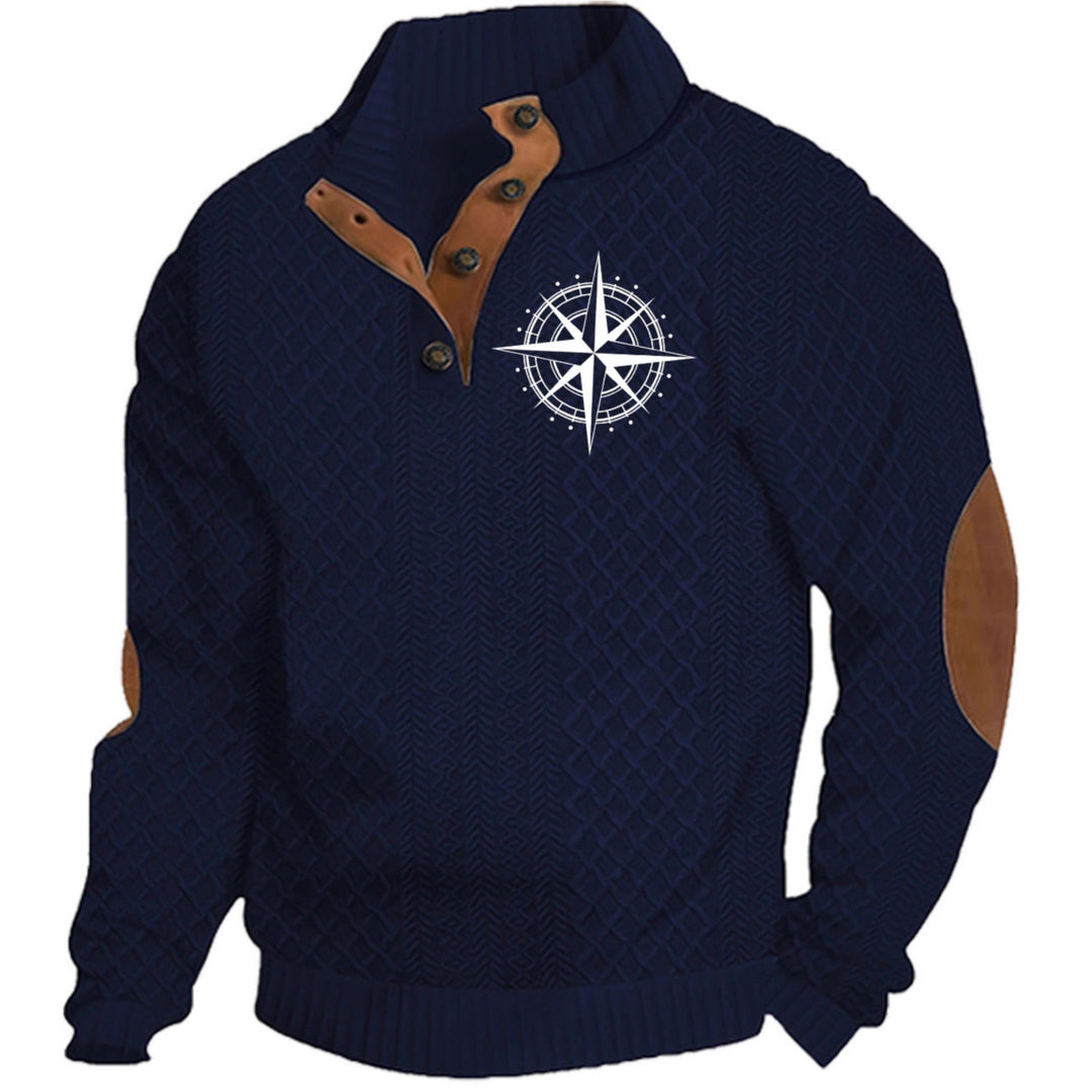 Men's nan Heritage textured pullover with stand-up collar faux leather trim elbow patches and half-button placket StylebySassy