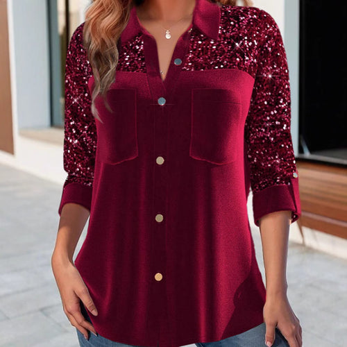Women Sequin-Embellished Tunic Blouse with Shirt Collar, Breast Pockets and Casual Fit StylebySassy