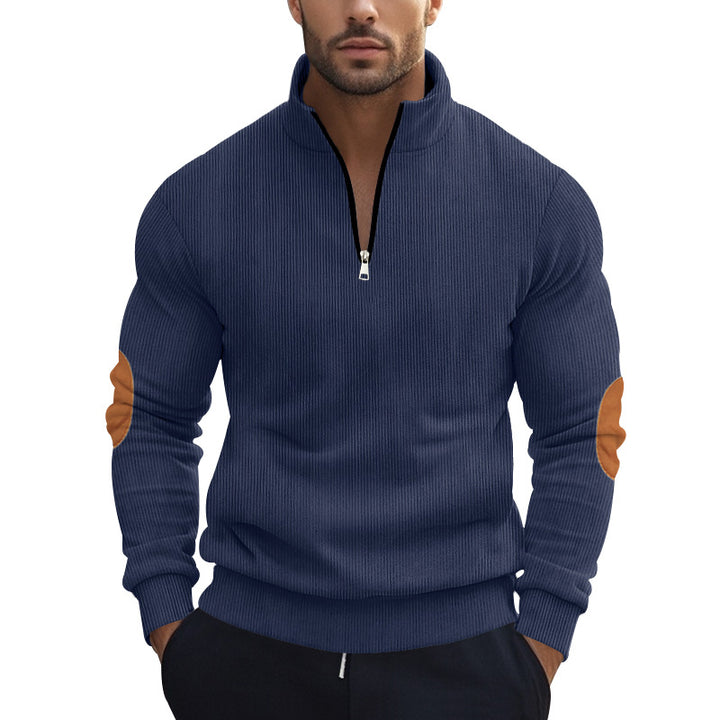 Men's structured cotton knit pullover with half zipper and elbow patches StylebySassy