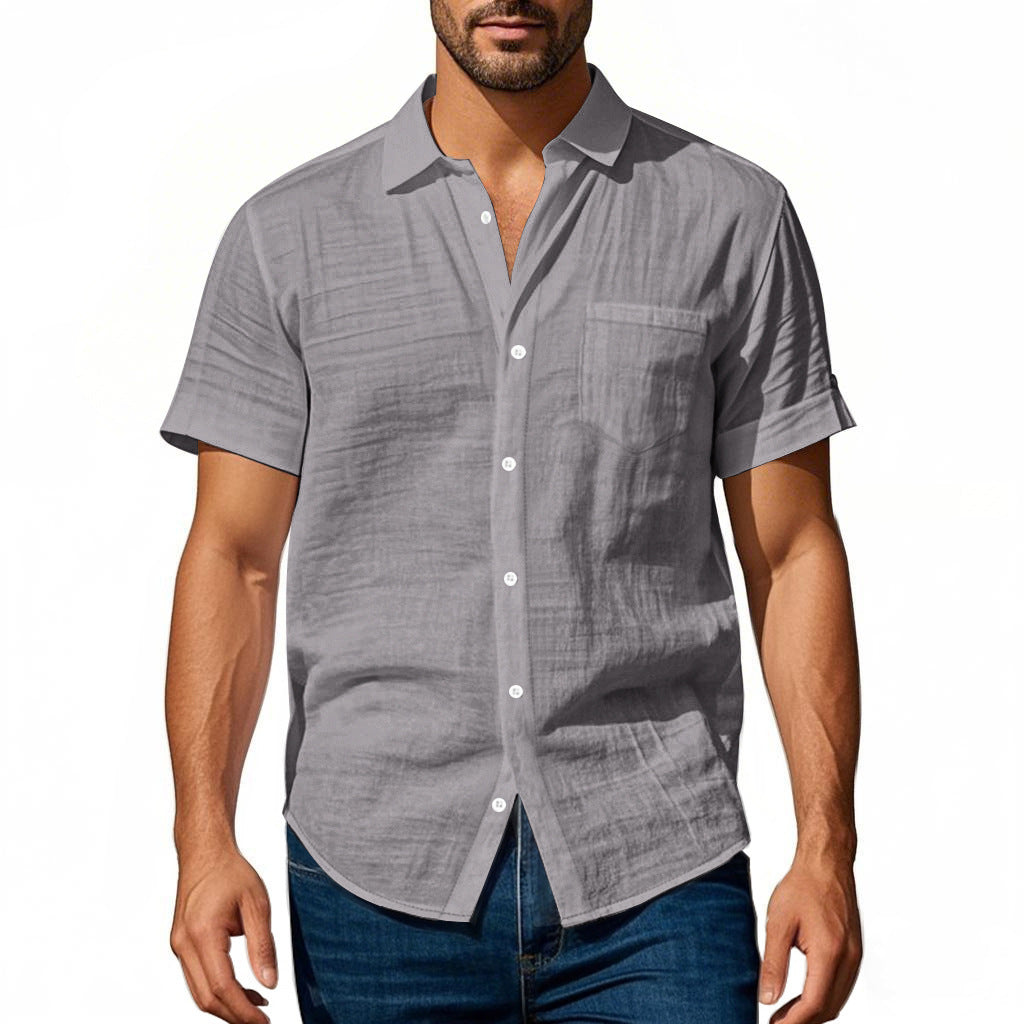 Men's short-sleeved casual shirt made of linen blend with chest pocket and rounded hem StylebySassy
