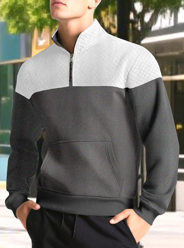 Men's half-zip sweatshirt with quilted shoulder area, kangaroo pocket, and ribbed cuffs StylebySassy