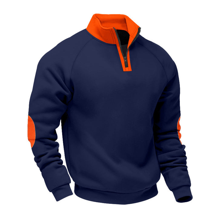 Men's half-zip fleece pullover with stand-up collar raglan sleeves and elbow patches StylebySassy