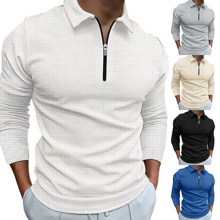 Men's long-sleeved polo shirt with kent collar, short front zip and fine waffle texture StylebySassy