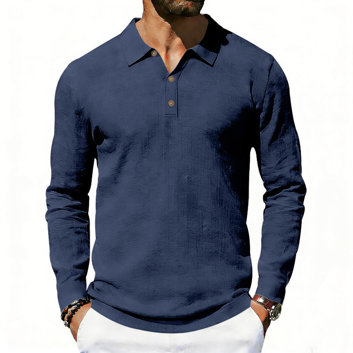 Men's long sleeve polo shirt made of cotton gauze with a shirt collar, three-button placket, and relaxed fit StylebySassy