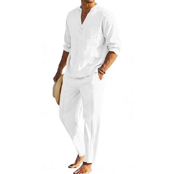 Men's comfortable linen two-piece with stand-up collar shirt and tapered ankle-length pants StylebySassy