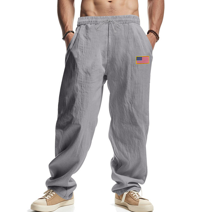 Men's casual cotton-linen lounge pants with elastic waistband, drawstring, and discreet flag application StylebySassy
