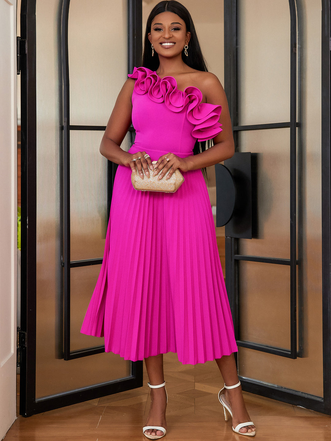 Women Folding Maxi Dress with Asymmetric Neckline and Ruffles
