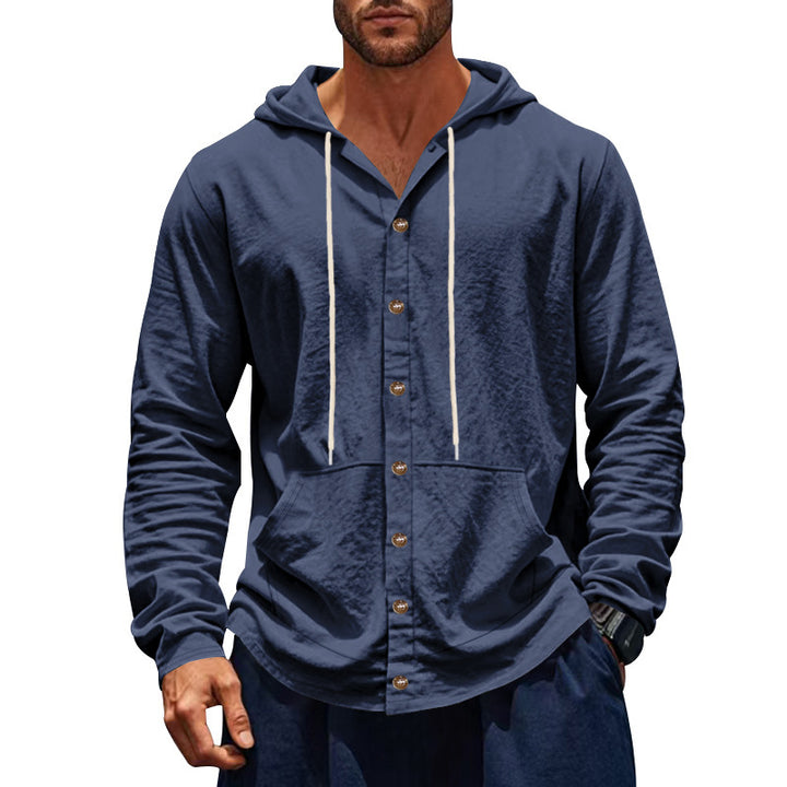 Men's button-closed hooded shirt jacket made of lightweight cotton blend with kangaroo pocket StylebySassy
