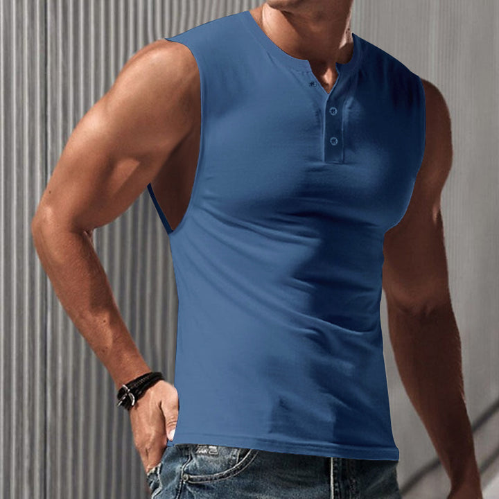 Men's sleeveless muscle shirt with Henley button placket, deep armhole, and elastic cotton blend StylebySassy
