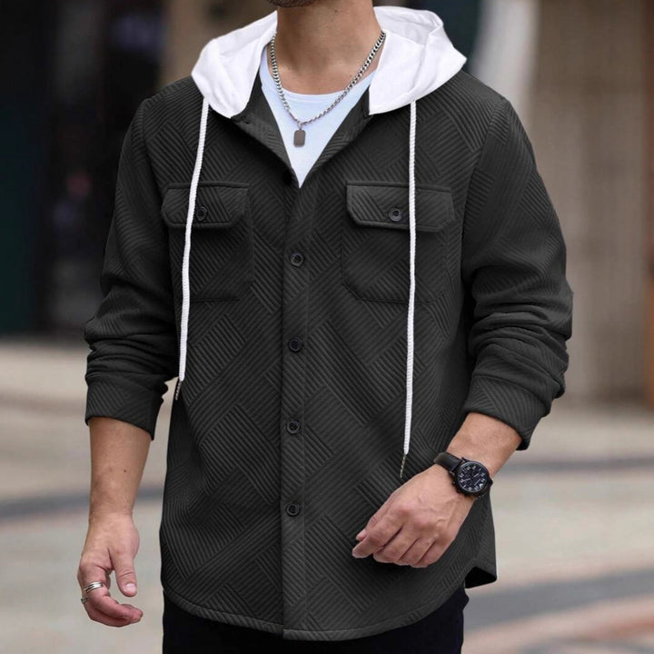 Men's structured overshirt jacket with quilted diagonal structure, contrast hood, and patch chest flaps StylebySassy