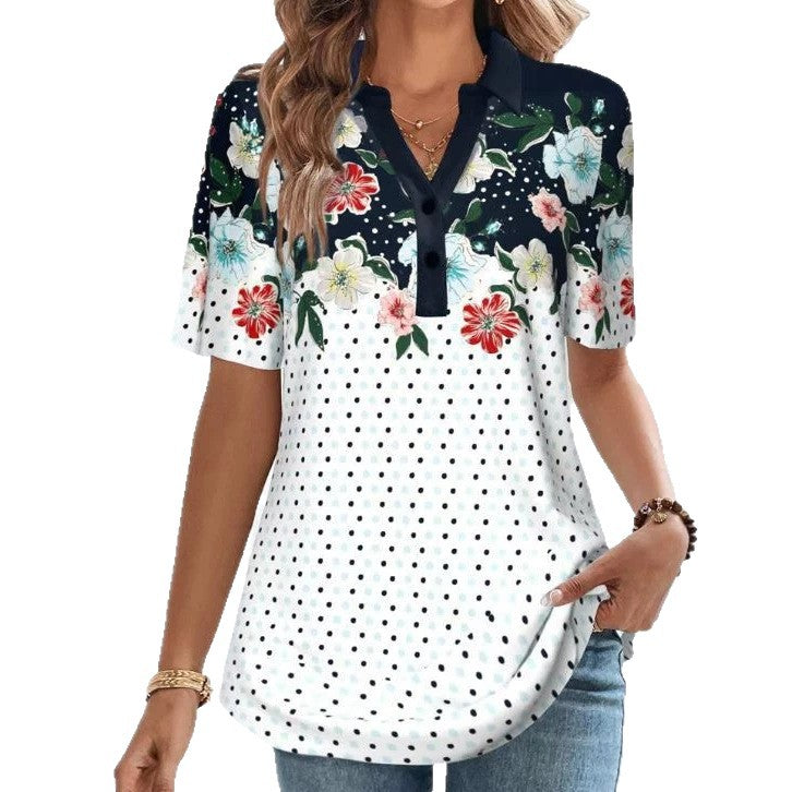 Women's Short Sleeve Polo Collar Tunic with Floral Yoke and Allover Polka Dot Print StylebySassy