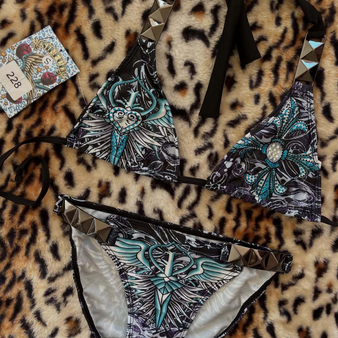 Ladies triangle bikini with floral pattern and rhinestone appliqués StylebySassy