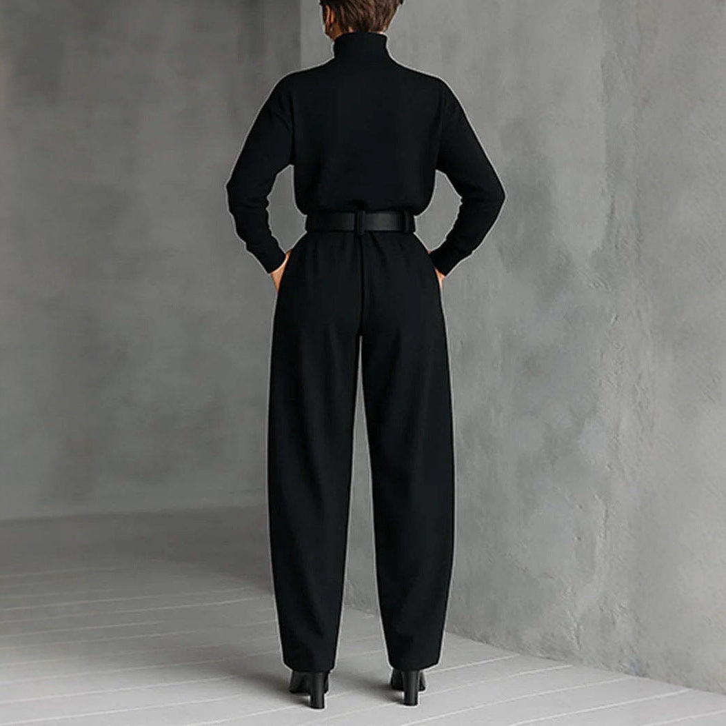Ladies high-cut elegant pleated trousers with wide leg and roll-neck fine-knit top StylebySassy