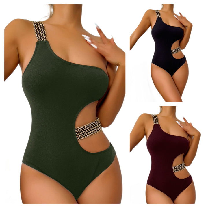 Women One-Piece Swimsuit with Asymmetric Cut-Out and Fashionable Chain Accents StylebySassy